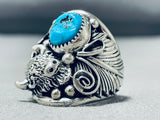 Astonishing Native American Navajo Kingman Turquoise Sterling Silver Buffalo Ring-Nativo Arts