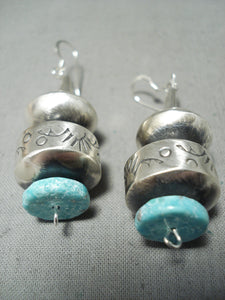 Signed Hand Tooled Native American Navajo Turquoise Sterling Silver Earrings-Nativo Arts