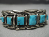 Quality Vintage Native American Navajo Squared Turquoise Sterling Silver Wave Bracelet Old-Nativo Arts