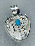 Dazzling Native American Navajo Signed Kingman Turquoise 12kgf Bear Sterling Silver Pendant-Nativo Arts