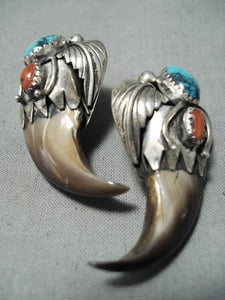 Authentic Bear Vintage Native American Navajo Turquoise Coral Sterling Silver Earrings-Nativo Arts