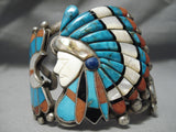 Biggest Best Vintage Native American Navajo Zuni Chief Turquoise Inlay Sterling Silver Bracelet-Nativo Arts