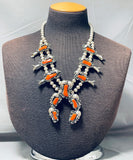 Womens Authentic Vintage Native American Navajo Coral Sterling Silver Squash Blossom Necklace-Nativo Arts
