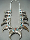 Authentic Native American Navajo Turquoise Coral Sterling Silver Squash Blossom Necklace-Nativo Arts