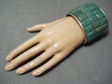 One Of Biggest Native American Green Turquoise Inlay Sterling Silver Bracelet-Nativo Arts