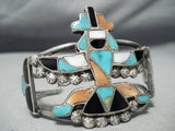 Eartly 1900's Vintage Native American Zuni Turquoise Kachina Sterling Silver Inlay Bracelet Old-Nativo Arts