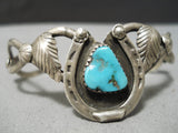 Native American Marvelous Vintage Detailed Turquoise Sterling Silver Horse Shoe Bracelet Old-Nativo Arts