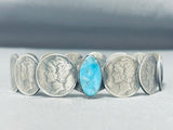 Extraordinary Native American Navajo Signed Blue Diamond Turquoise Mercury Silver Dimes Bangle-Nativo Arts