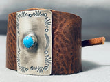 Remarkable Native American Navajo Blue Gem Turquoise Sterling Silver Brown Leather Bowguard-Nativo Arts