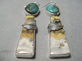 Exceptional Native American Navajo Longer Turquoise Sterling Silver Leaf Jasper Earrings-Nativo Arts