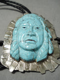 One Of The Best Vintage Native American Navajo Turquoise Head Sterling Silver Bolo Tie-Nativo Arts