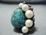Whimsical Vintage Navajo Native American Turquoise Pearl Sterling Silver Ring-Nativo Arts