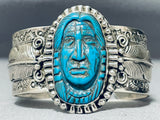 One Of Most Detailed Chief Head Hand Carved Turquoise Sterling Silver Bracelet-Nativo Arts