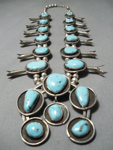 Heavy!! Huge Vintage Native American Navajo Turquoise Sterling Silver Squash Blossom Necklace-Nativo Arts