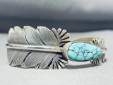 Exquisite Native American Navajo Spiderweb Turquoise Sterling Silver Feather Bracelet Signed-Nativo Arts