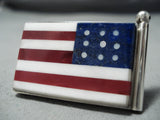 Huge American Flag Native American Navajo Coral Sterling Silver Lapis Ring Huge-Nativo Arts