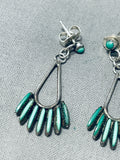 Early 1900s Vintage Native American Zuni Blue Gem Turquoise Needlepoint Sterling Silver Earrings-Nativo Arts