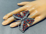 Awesome Native American Navajo Corals Sterling Silver Immense Butterfly Ring-Nativo Arts