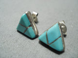 Intricate Vintage Native American Zuni Turquoise Sterling Silver Channel Earrings-Nativo Arts