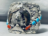 Huge Authentic Native American Navajo Turquoise Coral Sterling Silver Bear Bracelet-Nativo Arts