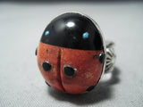 Wonderful Navajo Coral Jet Sterling Silver Ladybug Ring Native American-Nativo Arts