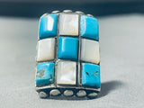 Huge Vintage Native American Navajo Turquoise Pearl Sterling Silver Inlay Heavy Ring-Nativo Arts