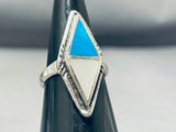Rare Vintage Native American Navajo Kingman Turquoise Mother Of Pearl Sterling Silver Ring-Nativo Arts