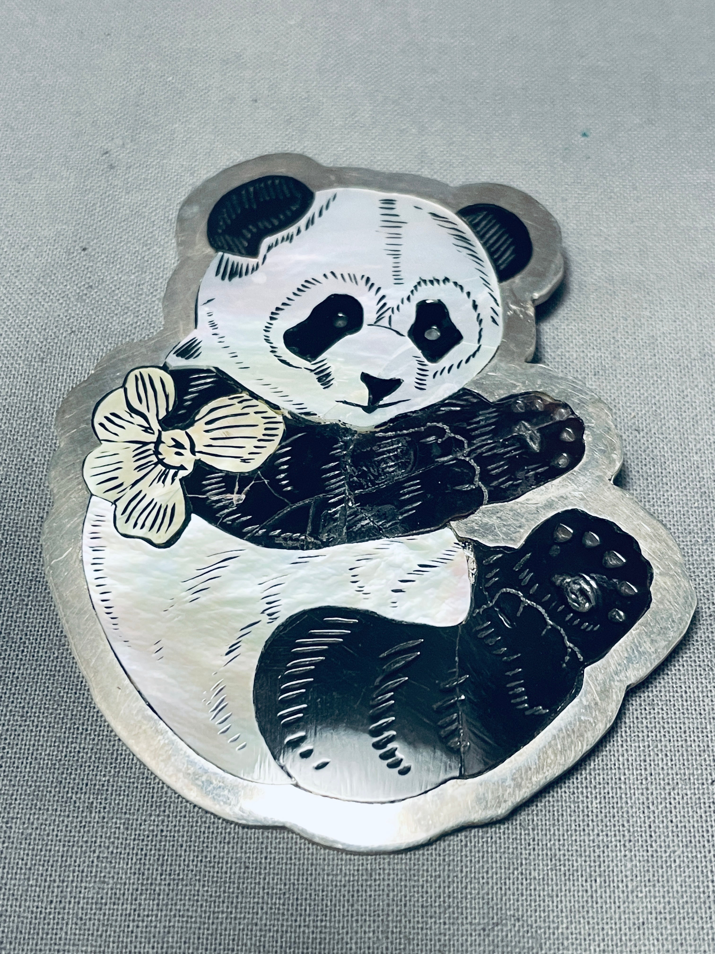 Important Vintage Native American Zuni Panda Bear Vintage Sterling