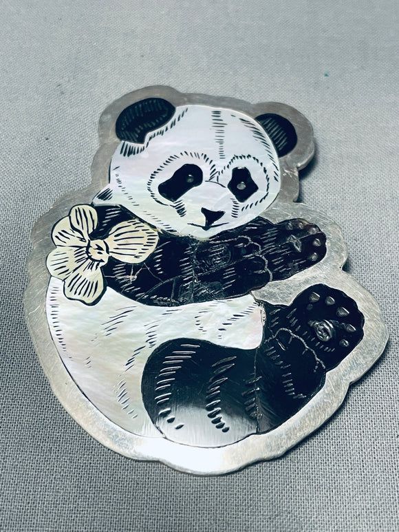 Important Vintage Native American Zuni Panda Bear Vintage Sterling Silver Inlay Pin-Nativo Arts