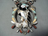 Native American Biggest Best Vintage Zuni Turquoise Owl Sterling Silver Squash Blossom Necklace-Nativo Arts