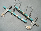 Detailed Vintage Native American Navajo Turquoise Sterling Silver Axe Earrings-Nativo Arts