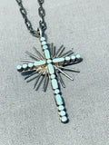 Celestial Vintage Native American Zuni Inlay Blue Gem Turquoise Sterling Silver Cross Necklace-Nativo Arts