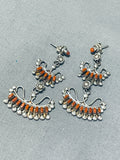 Exquisite Vintage Native American Zuni Coral Needlepoint Sterling Silver Chandelier Earrings-Nativo Arts
