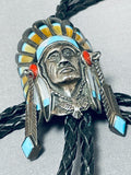 Precise Detail Vintage Native American Navajo Chief Head Turquoise Sterling Silver Bolo Tie-Nativo Arts