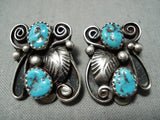 Detailed Vintage Native American Navajo Blue Turquoise Sterling Silver Earrings-Nativo Arts