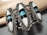 Intricate!! Vintage Native American Navajo Turquoise Pearl Sterling Silver Bracelet Old-Nativo Arts