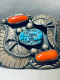 Garden Of Leaves Museum Vintage Native American Navajo Turquoise Coral Sterling Silver Bracelet-Nativo Arts
