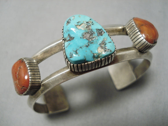 Amazing Vintage Navajo Native American Turquoise Coral Sterling Silver Bracelet-Nativo Arts