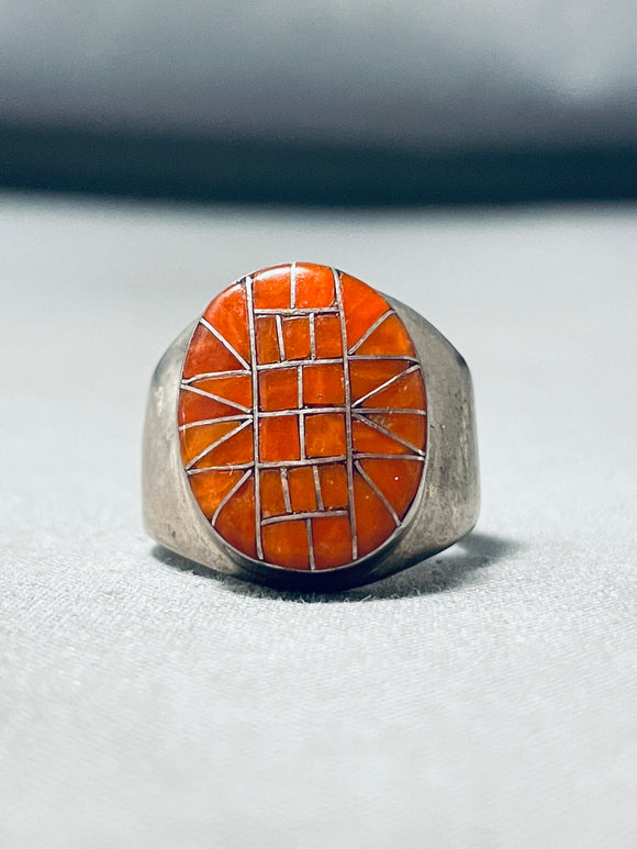 Most Intricately Inlaid Coral Thicker Vintage Native American Zuni Sterling Silver Ring-Nativo Arts