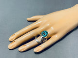 Unique Native American Navajo Kingman Turquoise Sterling Silver Ring Signed Del Secatero-Nativo Arts