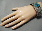 Dramatic Vintage Native American Navajo Sleeping Beauty Turquoise Sterling Silver Bracelet Old-Nativo Arts