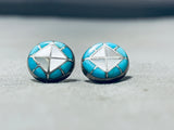 Amazing Vintage Native American Zuni Inlay Blue Gem Turquoise Mop Sterling Silver Earrings-Nativo Arts