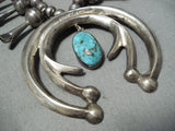Early Superior Vintage Native American Navajo Turquoise Sterling Silver Squash Blossom Necklace-Nativo Arts