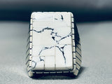 Heavy Mens Native American Navajo White Buffalo Turquoise Inlay Sterling Silver Ring-Nativo Arts