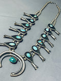 Heavy 239 Gram Vintage Native American Navajo Turquoise Sterling Silver Squash Blossom Necklace-Nativo Arts