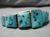 Exquisite Vintage Native American Navajo Squared Turquoise Sterling Silver Bracelet Old-Nativo Arts