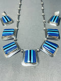 Unique Long Stone Inlay Vintage Native American Navajo Turquoise Sterling Silver Necklace-Nativo Arts