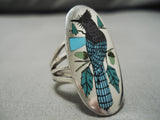 Important Native American Zuni Harland Coonsis Turquoise Blue Bird Sterling Silver Ring-Nativo Arts