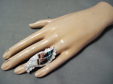 Exquisite Native American Zuni Textured Inlay Turquoise Coral Jet Sterling Silver Ring-Nativo Arts