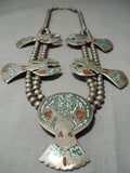 Huge Vintage Native American Navajo Green Turquoise Sterling Silver Squash Blossom Necklace-Nativo Arts